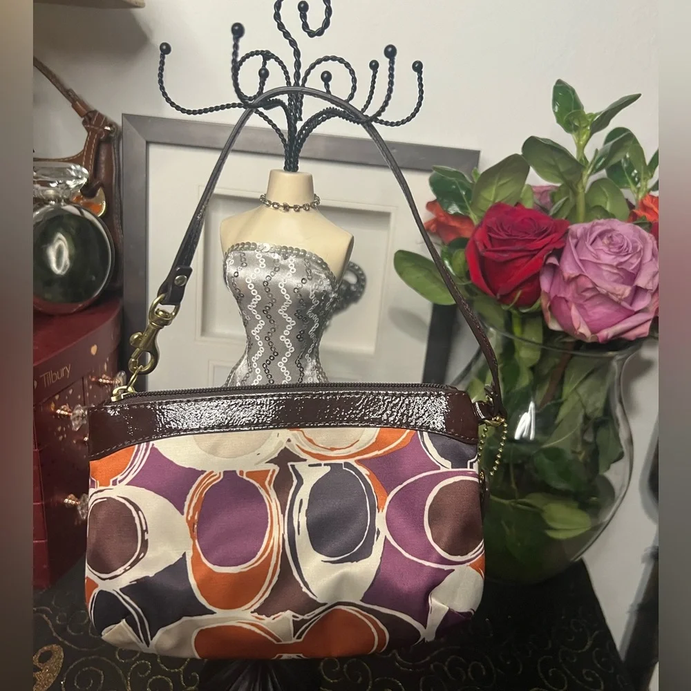 Coach Ashley Scarf Print Signature C with Brown Patent Leather Accents
